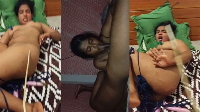 Lankan Chubby Wife Fucked in Two Holes Using Brinjals